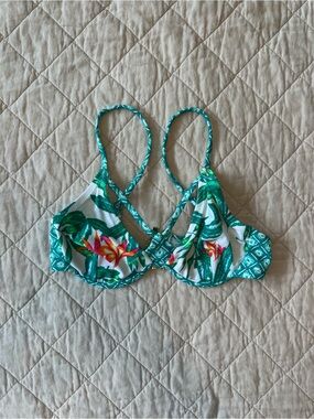 MINKPINK Teal & White Tropical Print Bikini Top